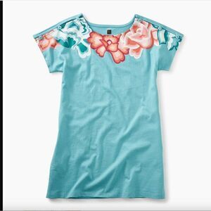 Tea Collection teal and peach floral short sleeve knit dress with pockets size 6